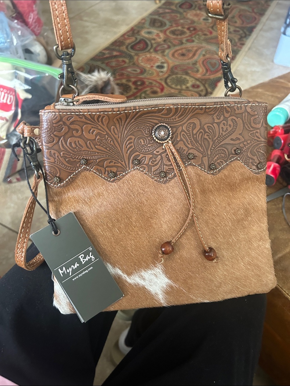 Myra Bag Brown Tooled Leather & Hair-on Hide Crossbody with Bead Tassel